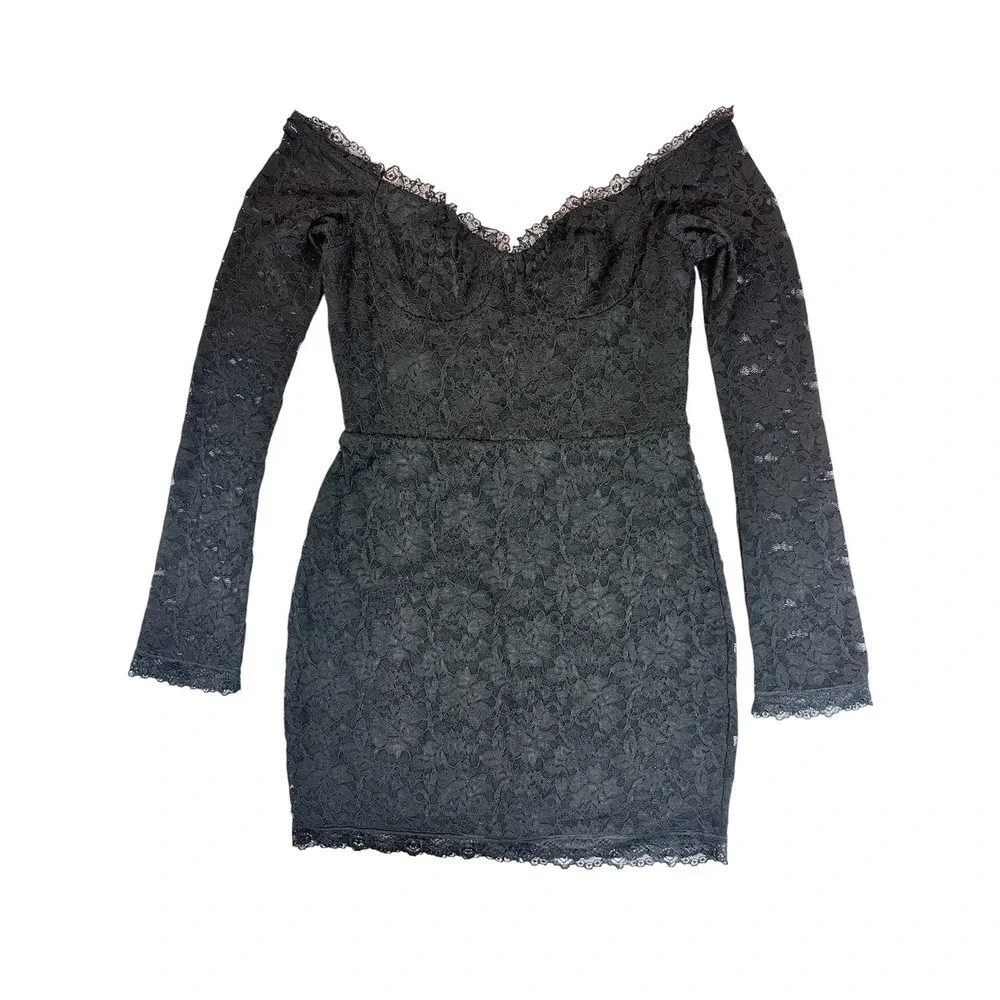 superdown Lace Mini Dress‎ Women L Black Off Shoulder Long Sleeve